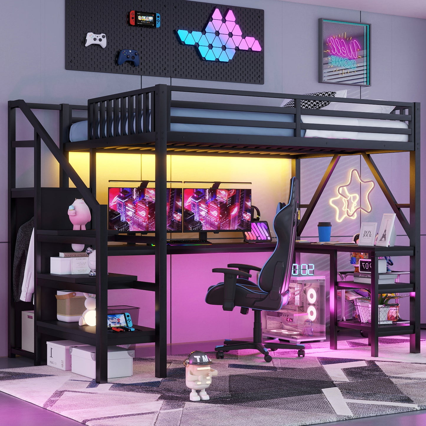 Metal Full Loft Bed with Wardrobe and LED Light, Full Size Loft Bed with L Shaped Desk and USB for Kids Teens Adults, Black(Old SKU W2593S00008,Expect Arrival Date 2026/2/25) image 3