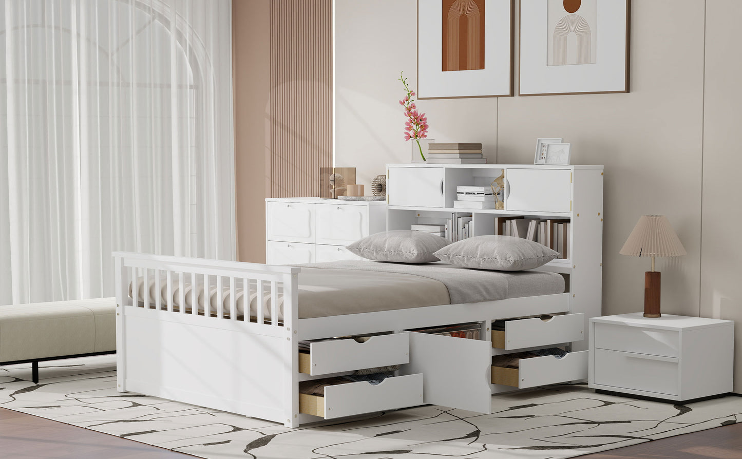 Full Size Captain Platform Bed Frame with Storage Bookcases and Shelves,Four Drawers,White image 11