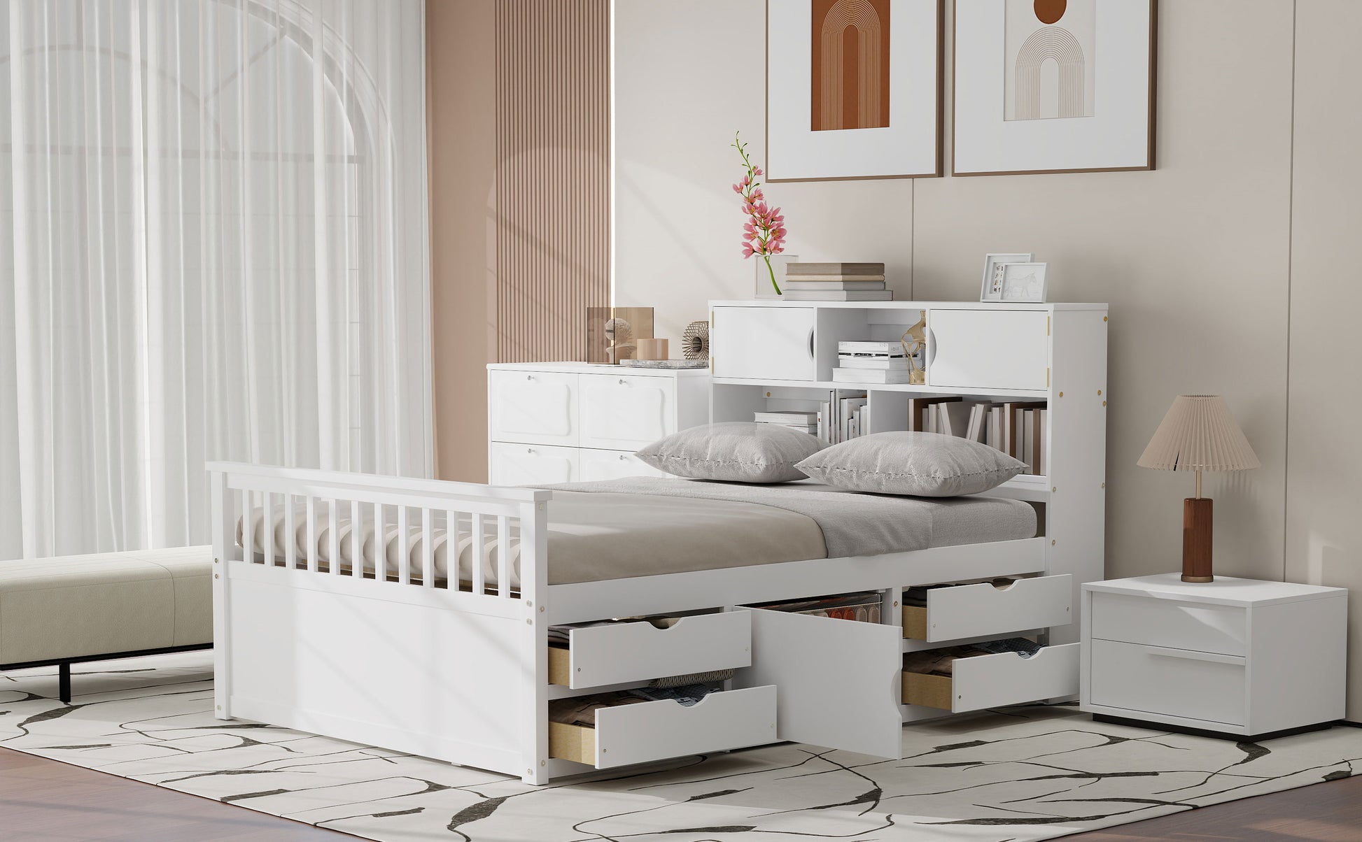 Full Size Captain Platform Bed Frame with Storage Bookcases and Shelves,Four Drawers,White image 11