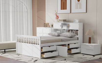 Full Size Captain Platform Bed Frame with Storage Bookcases and Shelves,Four Drawers,White image 11