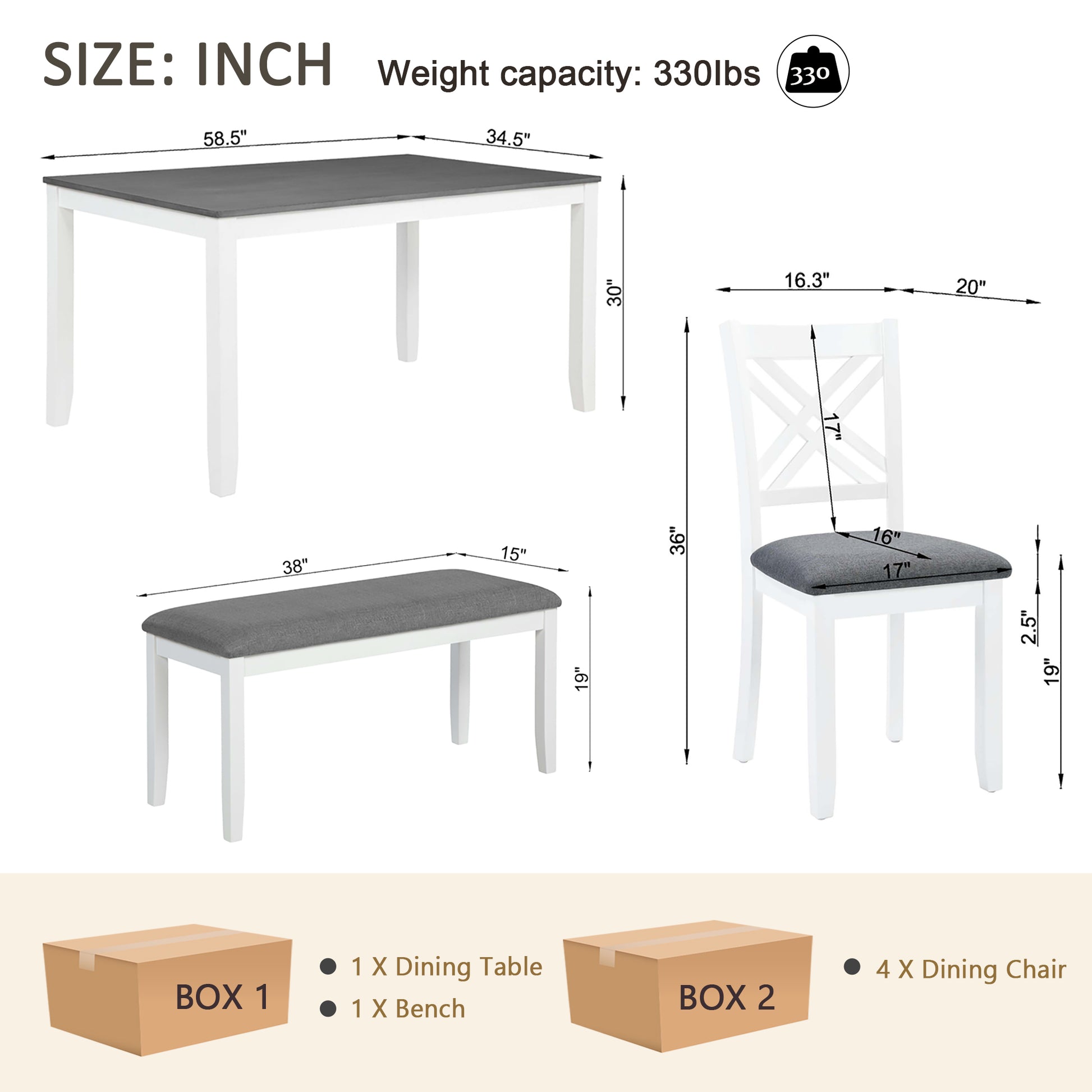 6 Piece Kitchen Dining Set, Rectangular Wooden Dining Table with 4 Upholstered Chairs and a Bench, Dining Table Set for 6 People, Living Room and Kitchen, Grey & White two tone image 9