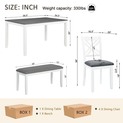 6 Piece Kitchen Dining Set, Rectangular Wooden Dining Table with 4 Upholstered Chairs and a Bench, Dining Table Set for 6 People, Living Room and Kitchen, Grey & White two tone image 9