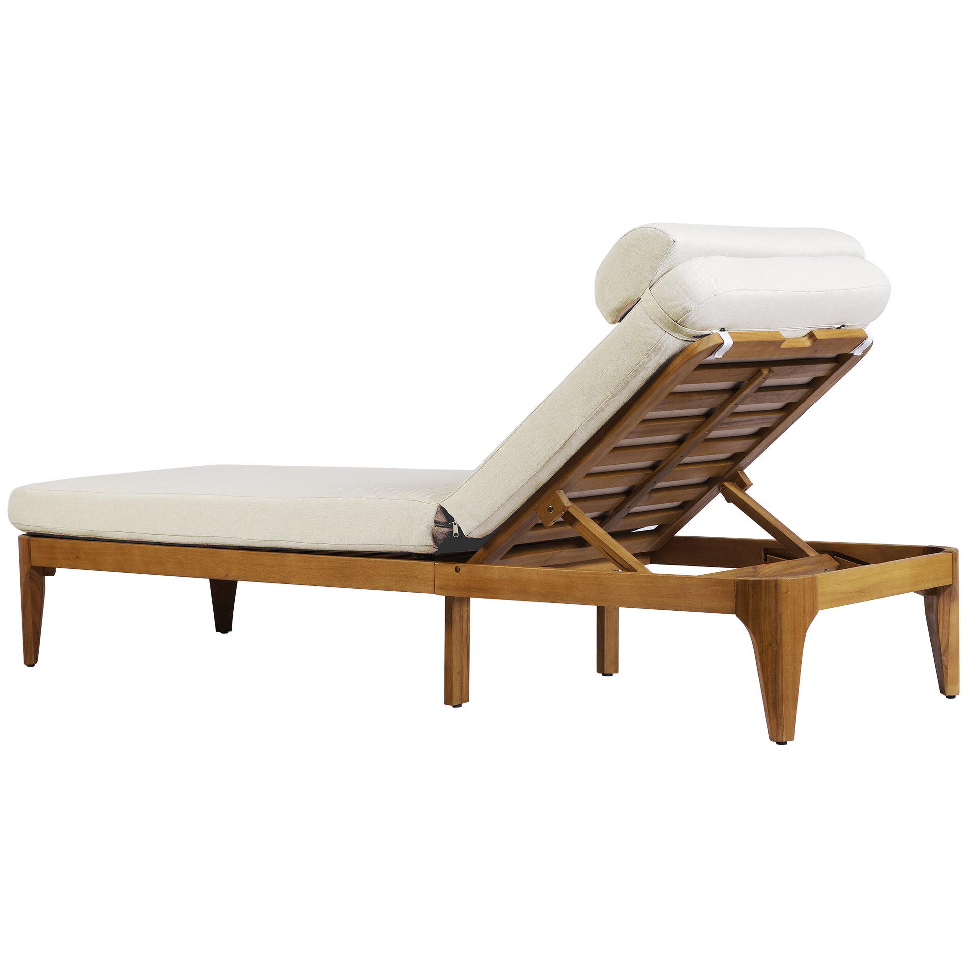 TOPMAX Acacia Wood Chaise Lounge, Outdoor Sun Lounge Chair, Patio Recliner with Adjustable Backrest and Head Pillow for Poolside, Backyard, Garden, Indoor&Outdoor, Beige image 10