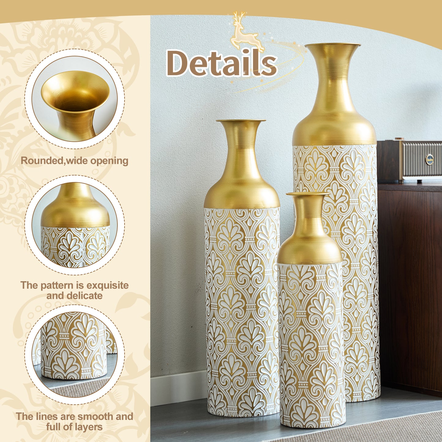 Gold White Metal Vase Set of 3, Tall Decorative Cylinder Flower Vases with Embossed Pattern, Modern Luxury Table Centerpiece for Living Room Home Decor, Shelf Mantel Fireplace Ornaments image 5
