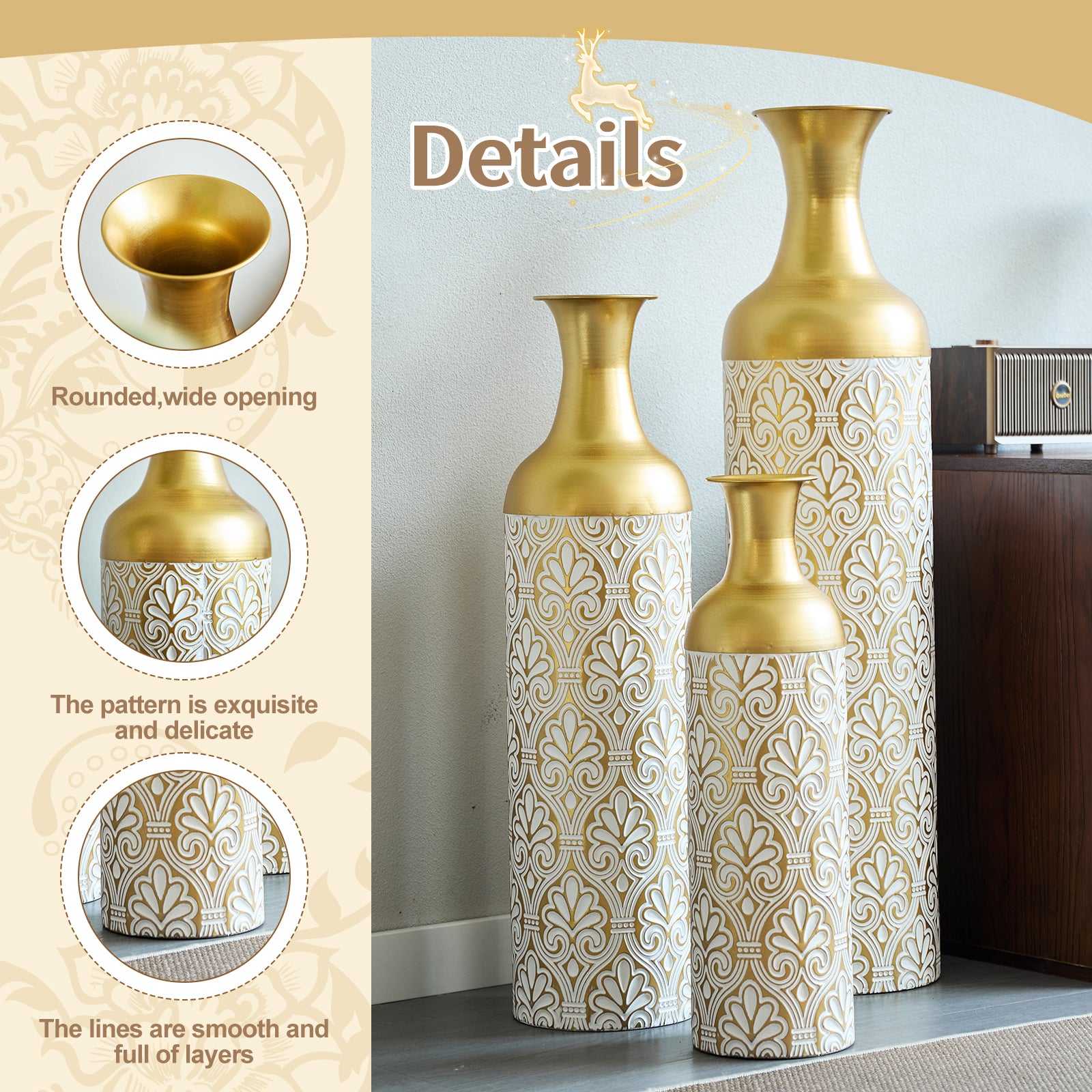 Gold White Metal Vase Set of 3, Tall Decorative Cylinder Flower Vases with Embossed Pattern, Modern Luxury Table Centerpiece for Living Room Home Decor, Shelf Mantel Fireplace Ornaments image 5