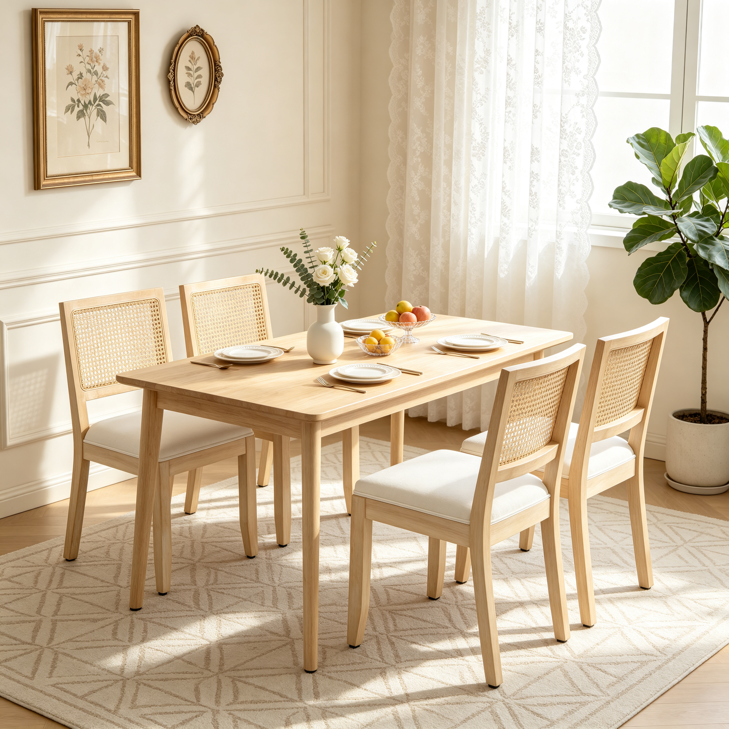 Farmhouse Rattan Dining Chairs Set of 2, Mid Century Modern Kitchen & Dining Room Chairs, Cane Low Back, with Natural Solid Wood Frame, Beige image 7
