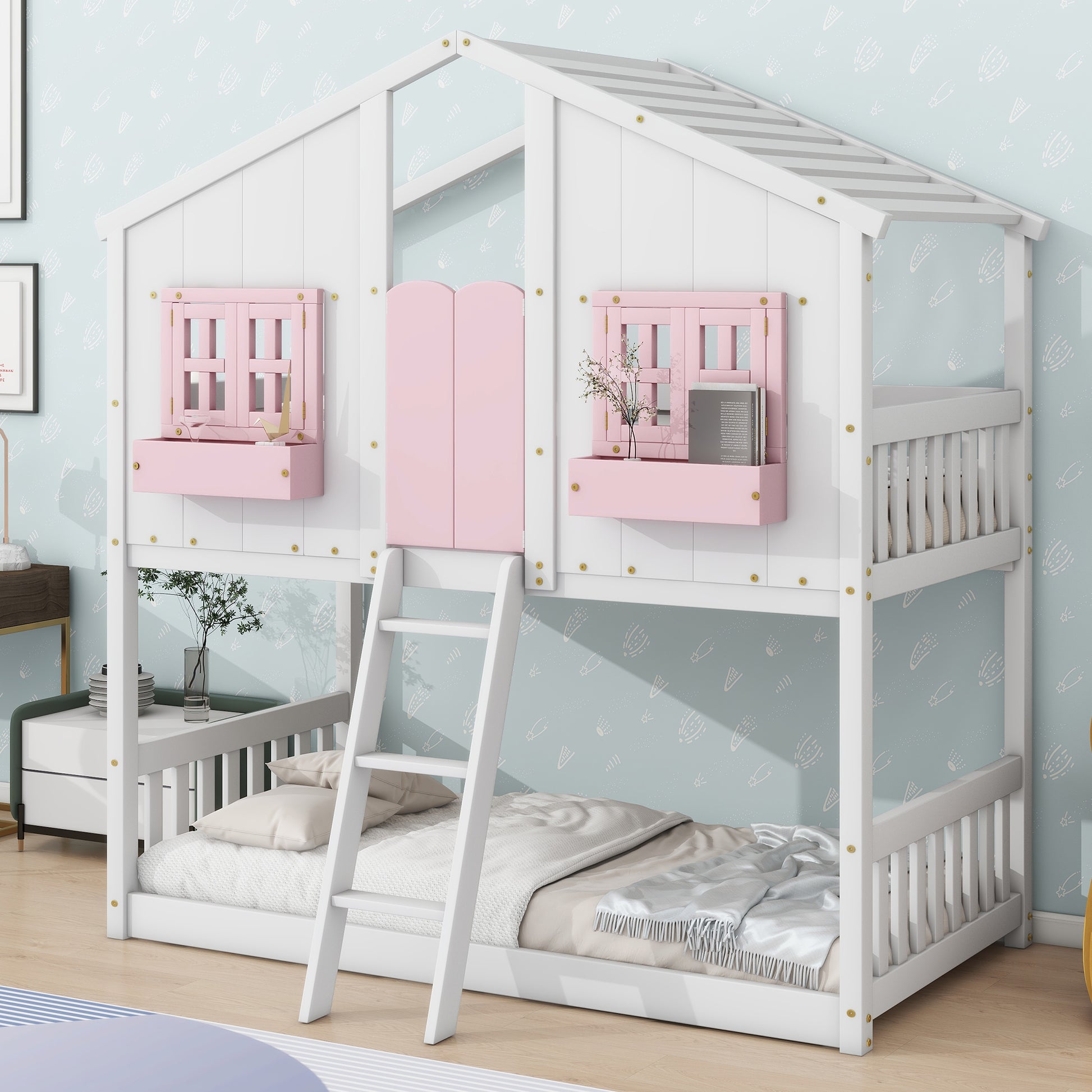 Twin over Twin House Bunk Bed with Roof, Window, Window Box, Door, with Safety Guardrails and Ladder, Pink/White image 1