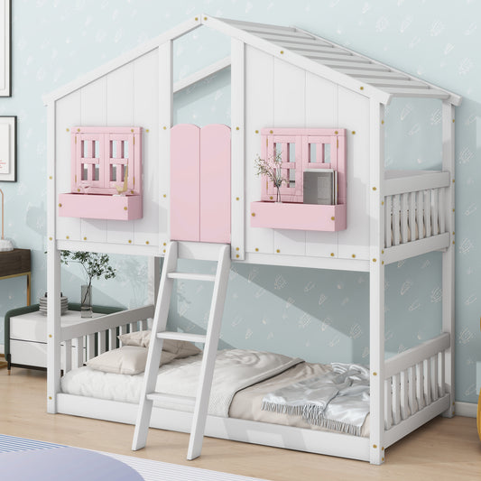 Twin over Twin House Bunk Bed with Roof, Window, Window Box, Door, with Safety Guardrails and Ladder, Pink/White image 1