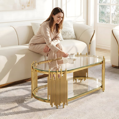 Luxury Gold Coffee Table with 2-Tier Tempered Glass Shelves, Modern Oval Center Table for Living Room, Polished Stainless Steel Frame, Artistic "Organ Pipe" Design, 47" x 23.6" x 17.7" image 8