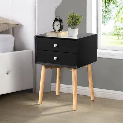 Side Table,Bedside Table with 2 Drawers and Rubber Wood Legs, Mid-Century Modern Storage Cabinet for Bedroom Living Room, Black image 1