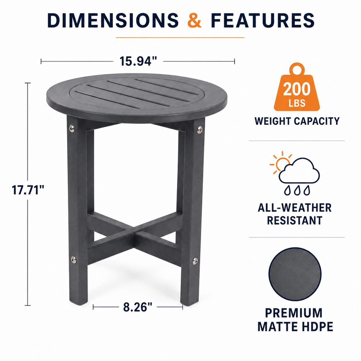 Gray HDPE Round Outdoor Side Table, 18 in. Dia. x 17 in. H, Small All-Weather Patio End Table, 1 Piece image 5