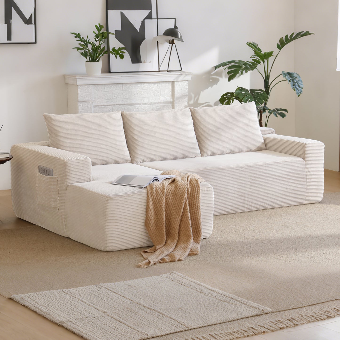 New 96.9''Cloud Sectional Couch with L-Shaped Chaise,Modern Modular Sofa with Deep Seat, Upholstered Couches for Living Room Bedroom,No Assembly Required,(Corduroy Fabric),White,Left image 1