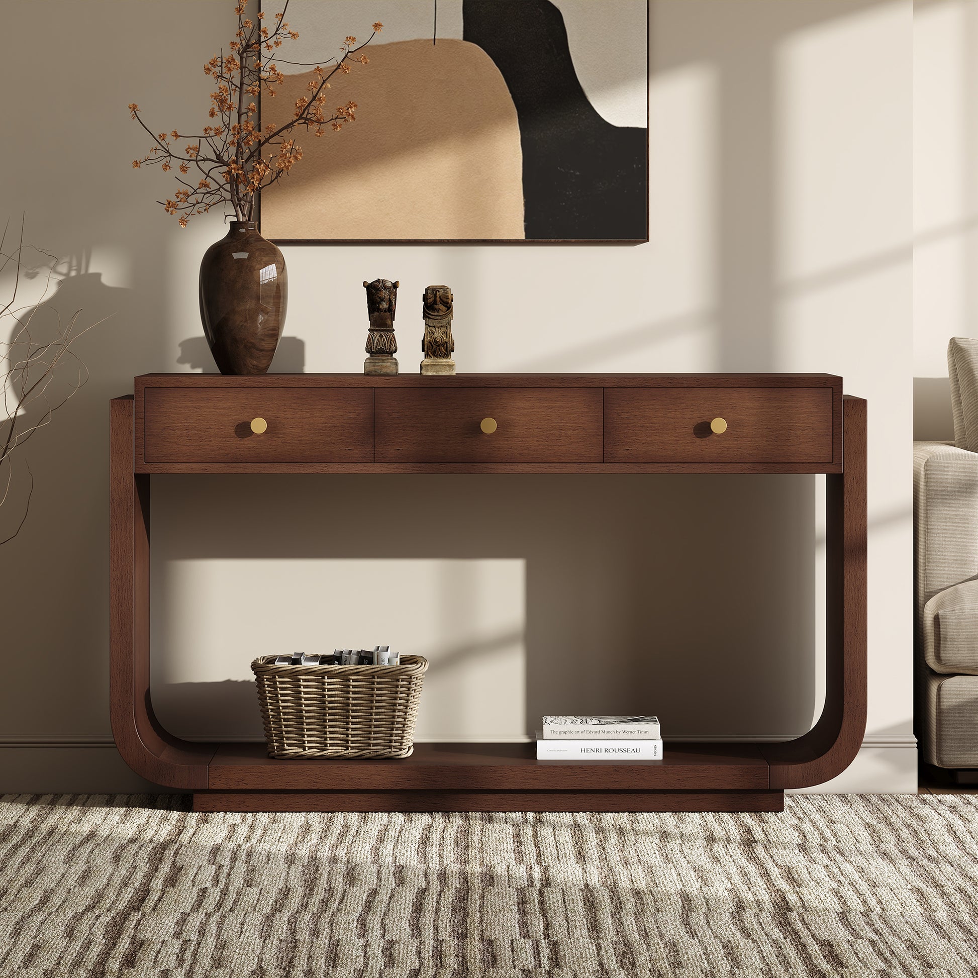 Classic-Style Console Table, 3 Storage Drawers, Display Shelf, Curved Legs, Painted Finish, Entryway/Hallway/Living Room, Walnut image 2