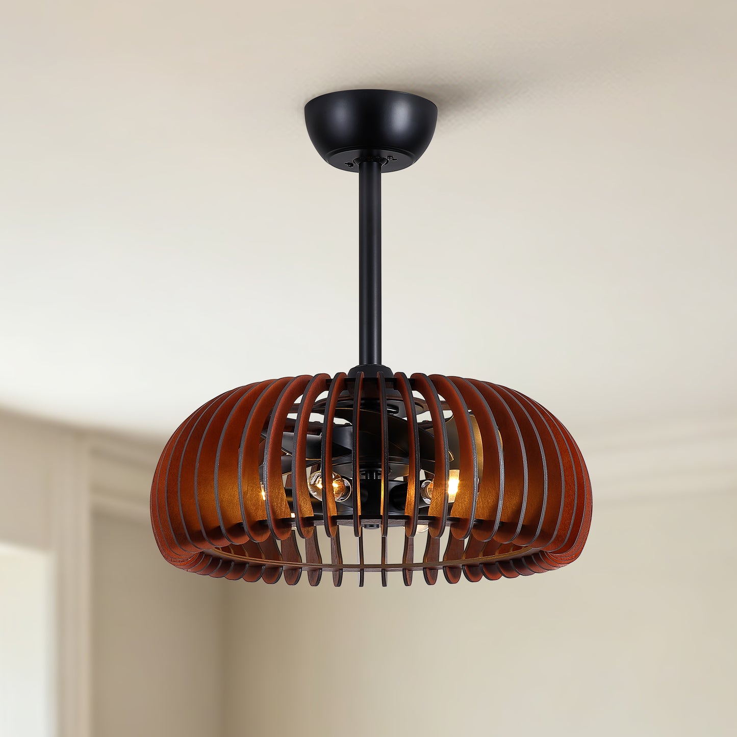20" Pumpkin Wood Ceiling Fan, Rustic Farmhouse Plywood Fandelier with 6 E12 Sockets, Reversible DC Motor, Adjustable Hanging, 6 Speeds Remote Control Ceiling Fan for Dining Room Kitchen image 1