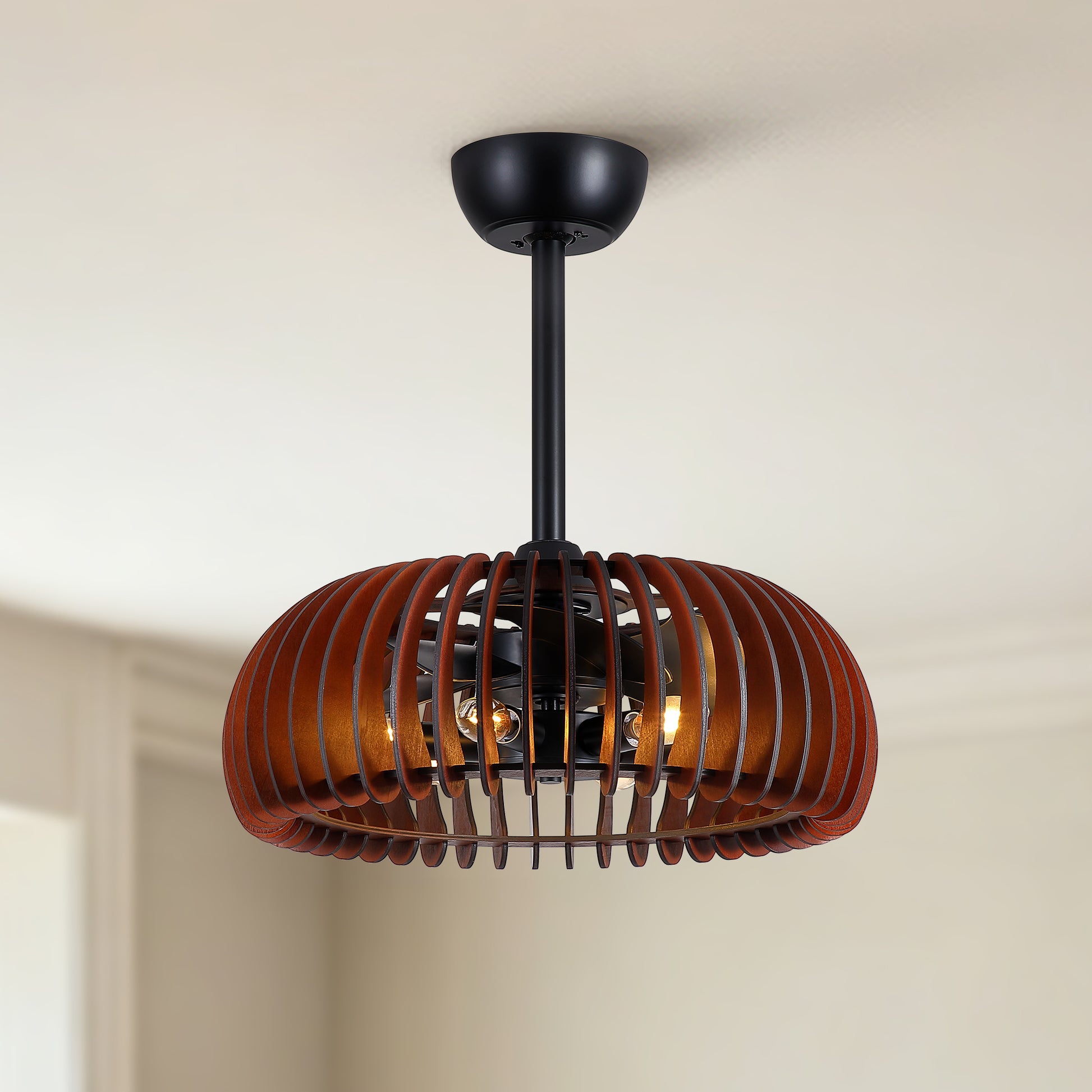 20" Pumpkin Wood Ceiling Fan, Rustic Farmhouse Plywood Fandelier with 6 E12 Sockets, Reversible DC Motor, Adjustable Hanging, 6 Speeds Remote Control Ceiling Fan for Dining Room Kitchen image 1