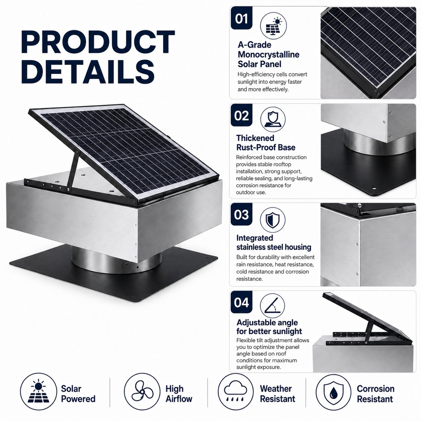 12" Stainless Steel Solar Roof Vent Fan,40W Tilt Adjustable Solar Panel,Dual Power 3-Speed Remote Attic Fan,1200 CFM,MPPT Controller Solar Ventilator for Attic,Garage,Greenhouse,Warehouse image 6