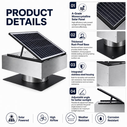 12" Stainless Steel Solar Roof Vent Fan,40W Tilt Adjustable Solar Panel,Dual Power 3-Speed Remote Attic Fan,1200 CFM,MPPT Controller Solar Ventilator for Attic,Garage,Greenhouse,Warehouse image 6