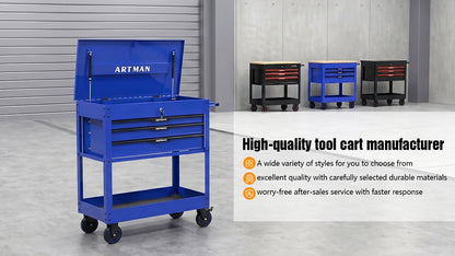 3 DRAWERS MULTIFUNCTIONAL TOOL CART WITH WHEELS AND STEEL TOP-Blue&Black image 9