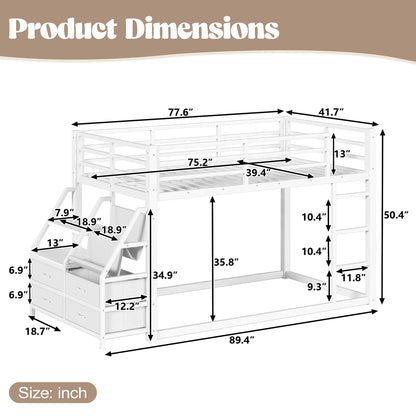 Twin over Twin bunk Bed with Storage Shelves and Drawers, Metal Bunk Bed with LED Lights for Teens, No Box Spring Need.White image 5