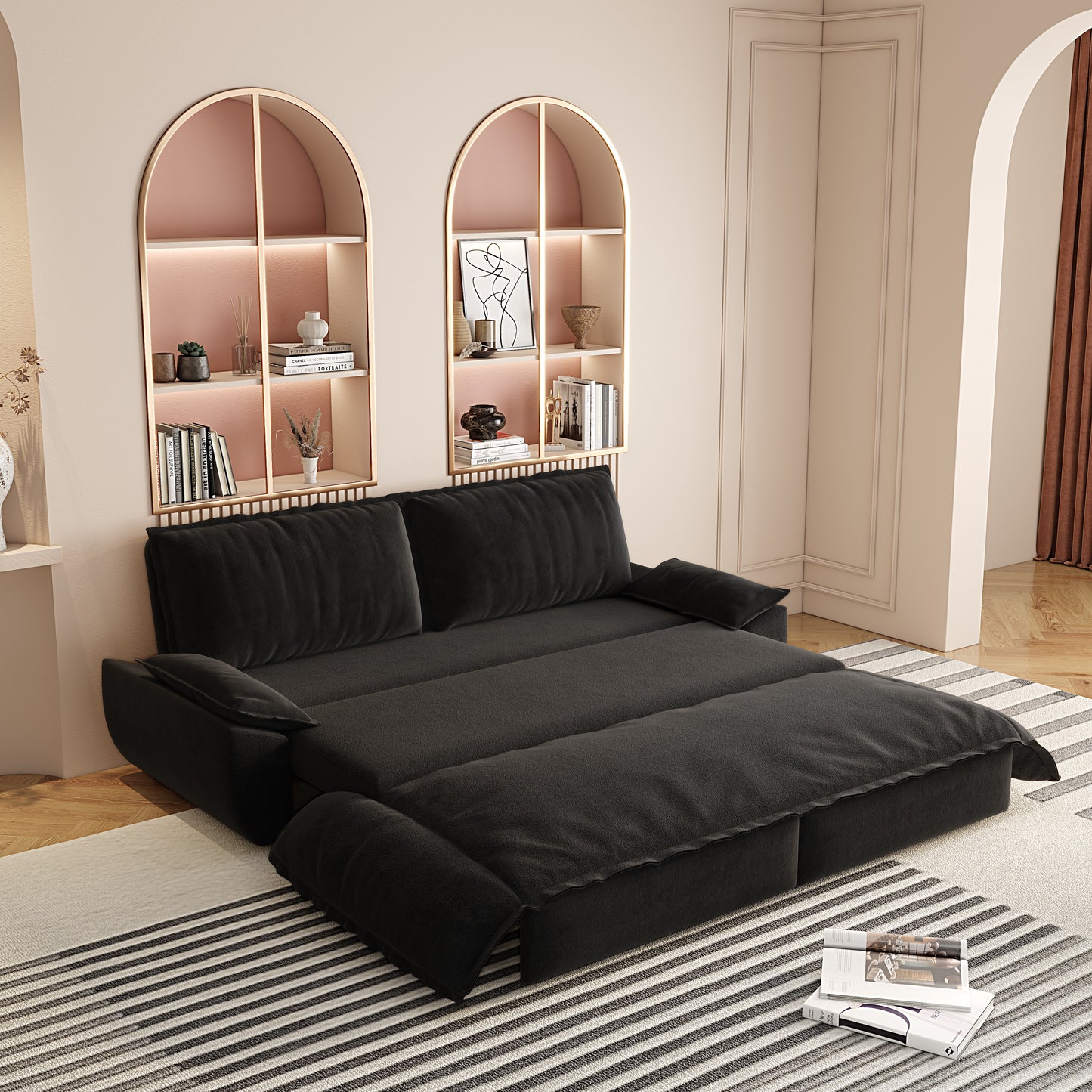73.2"Queen Pull Out Sofa Bed,3-in-1 Convertible Sleeper Sofa,Multi-Functional Velvet Loveseat Bed, Black(Old sku: W1885S00050/W1885S00195/W1885S00228) image 2