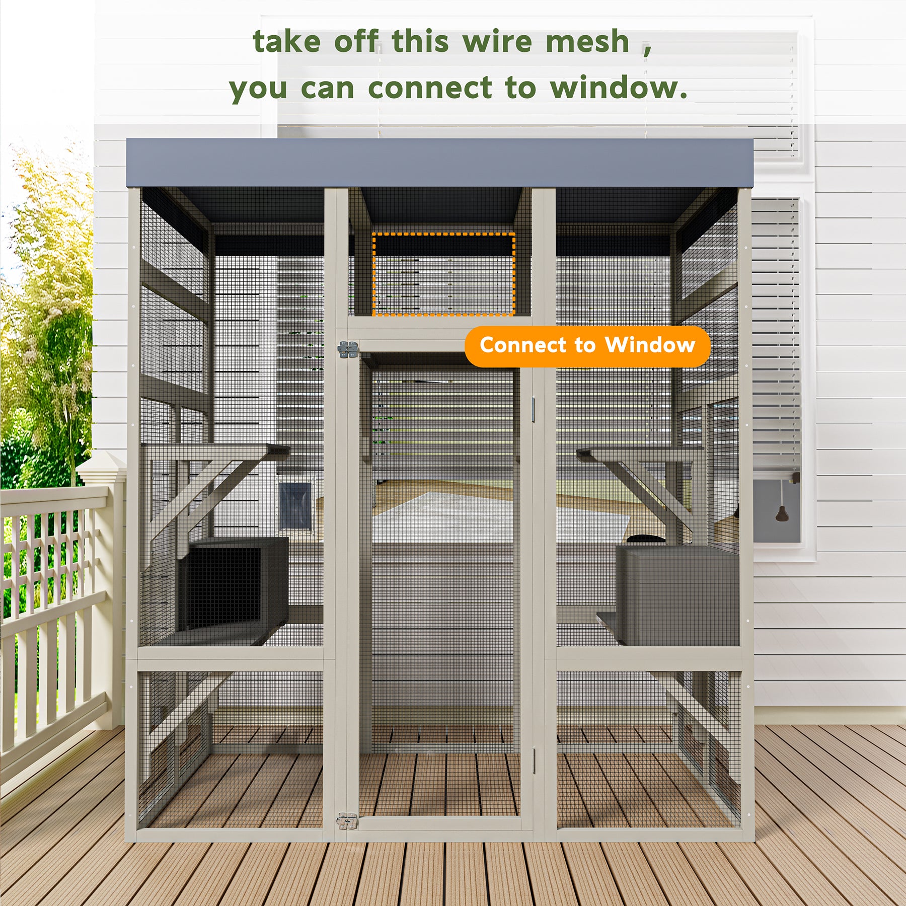 62.6" Wooden Catio for Cats, Large Cat Enclosure with Waterproof cover, 2 Napping House, Platforms & Galvanized Metal Wire – Secure Pet Cage Shelter image 11