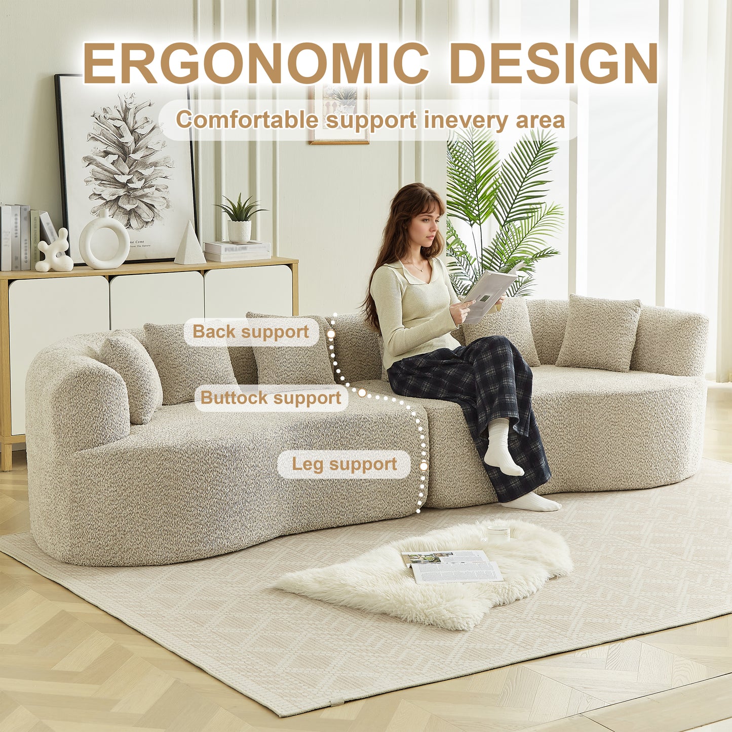 Curved Sectional Sofa, 111.5-inch Oversized Modern Bone-Free Cloud Sofa with 6 Pillows Luxury Chenille Four-Seater Memory Foam Sofa with Deep Seat Design, Light khaki W3505P355582 image 6