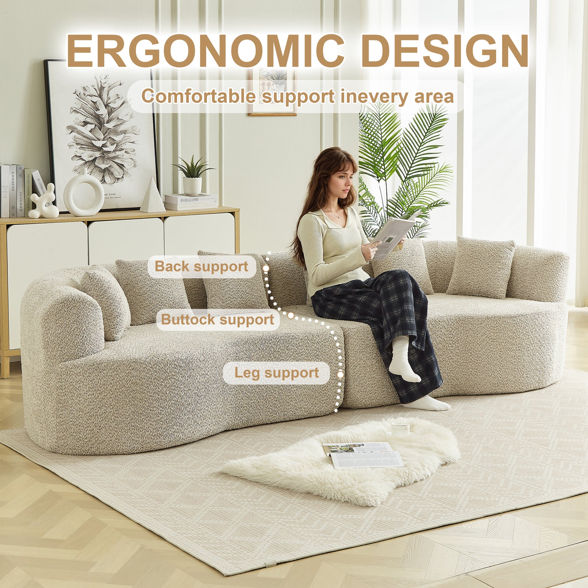 Curved Sectional Sofa, 111.5-inch Oversized Modern Bone-Free Cloud Sofa with 6 Pillows Luxury Chenille Four-Seater Memory Foam Sofa with Deep Seat Design, Light khaki W3505P355582 image 6