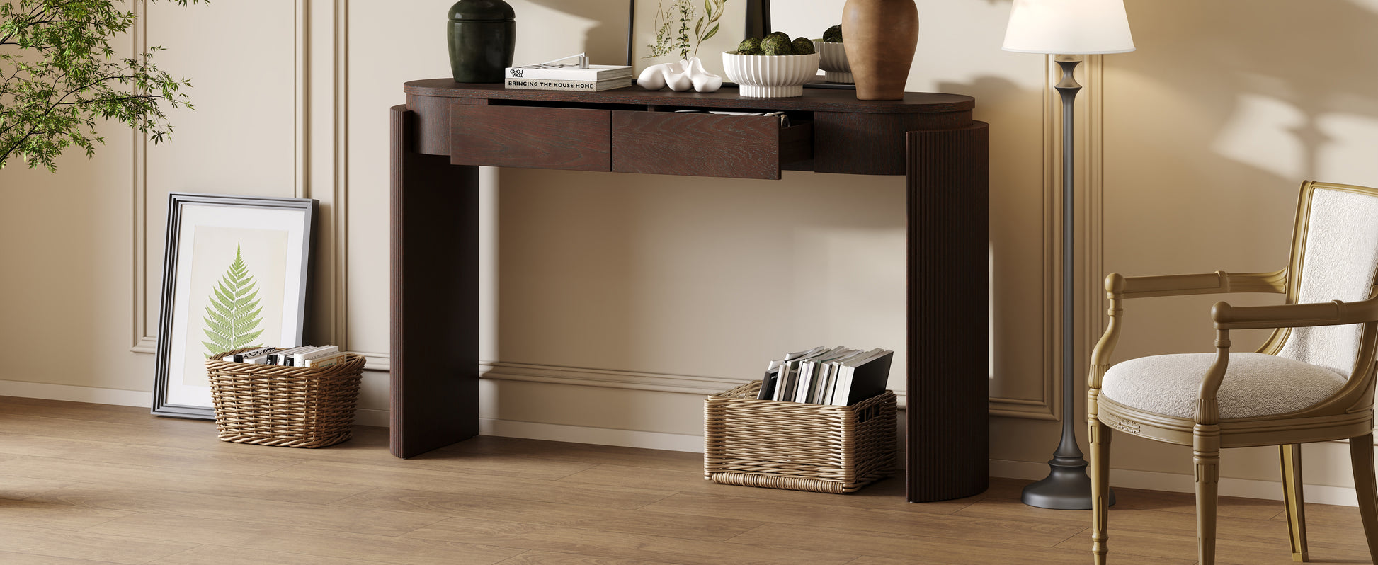 TREXM Entryway Table with Natural Wood Grain Finish, Console Table with Fluted Design, Oval Top and 2 Drawers for Entryway and Living Room (Espresso) image 7