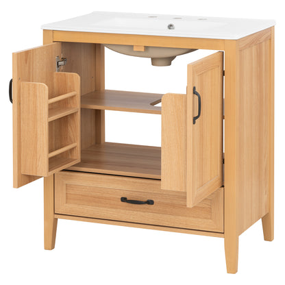 [Video] 30" Natural Wood Grain Bathroom Vanity with Ceramic Sink Top, Solid Wood Legs, Soft-Close Double Doors & Bottom Drawer, Adjustable Interior Shelf, Door-mounted Organizers image 11