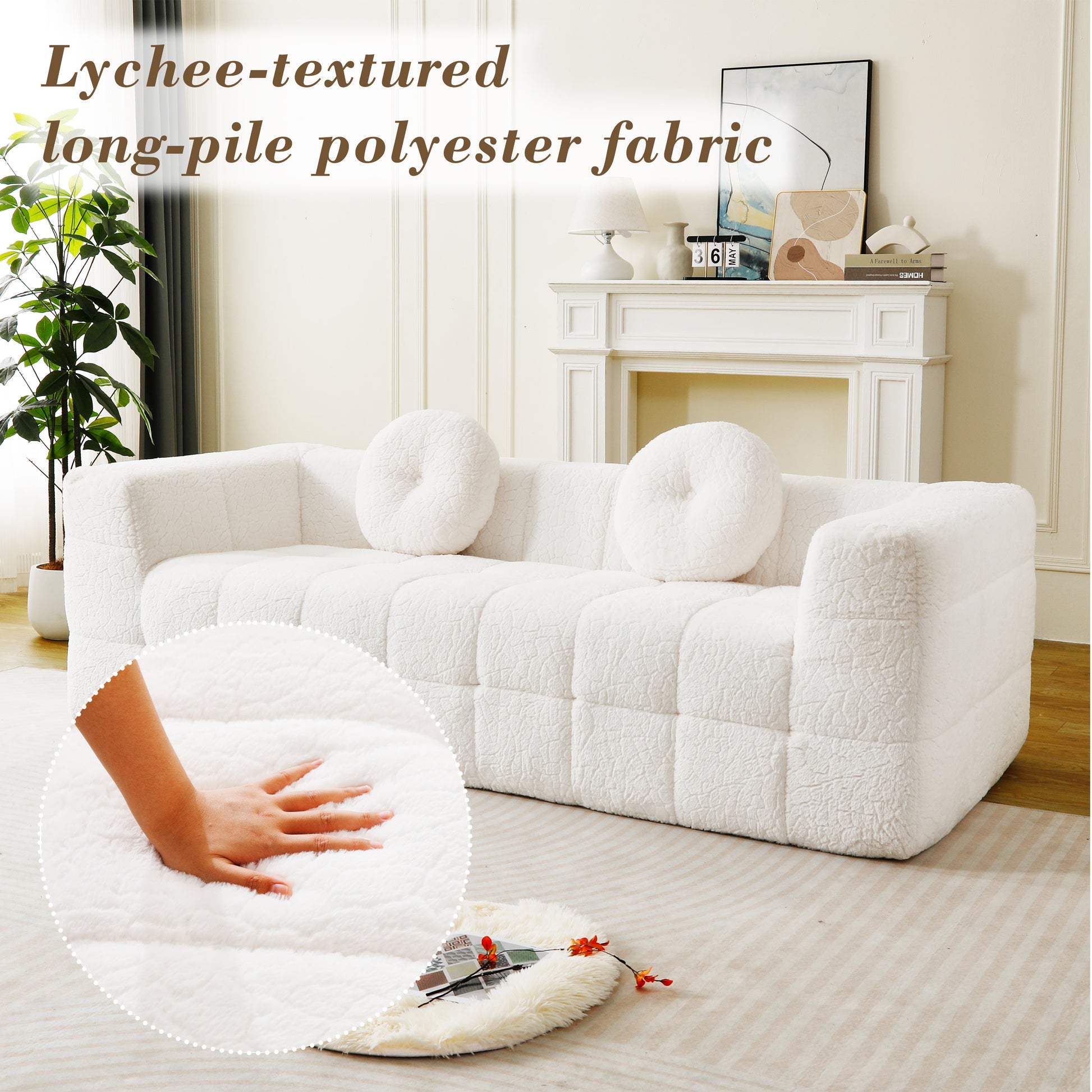 84.6-inch Modern Boneless Couch with Two Circular throw pillows,Skin-friendly lychee-textured long-pile polyester fabric,Checkered Fabric Design Three-Seater Foam Sofa image 3