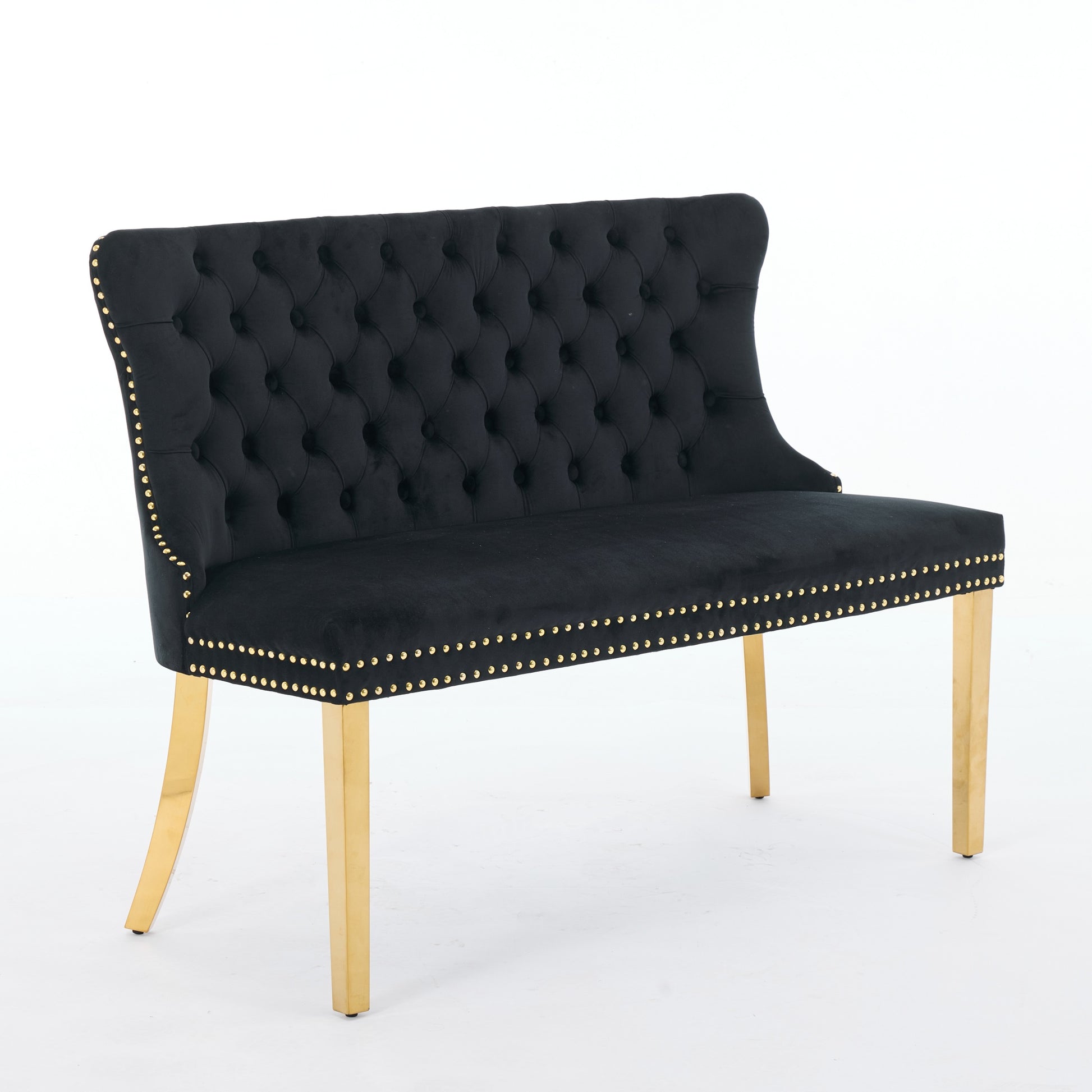 Velvet Double Dining Loveseat Bench, Kitchen & Dining Seating, 2-Seat Tufted Bench w/Handmade Buttons, Wing Back, Gold-Plated Steel Legs, Mid Century Modern,Single Pack,Black,SW1602BK image 3