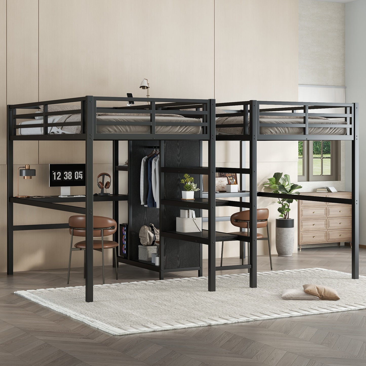 Twin Over Twin Metal Loft Bed with Double Desk and Wardrobe and Shelves with Electrical Outlet for Space Saving and Noise Reduction,Black image 1