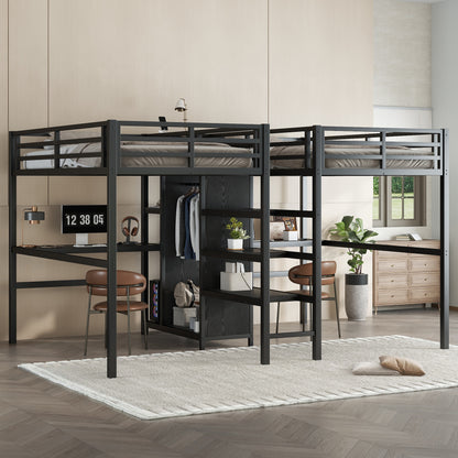 Twin Over Twin Metal Loft Bed with Double Desk and Wardrobe and Shelves with Electrical Outlet for Space Saving and Noise Reduction,Black image 1