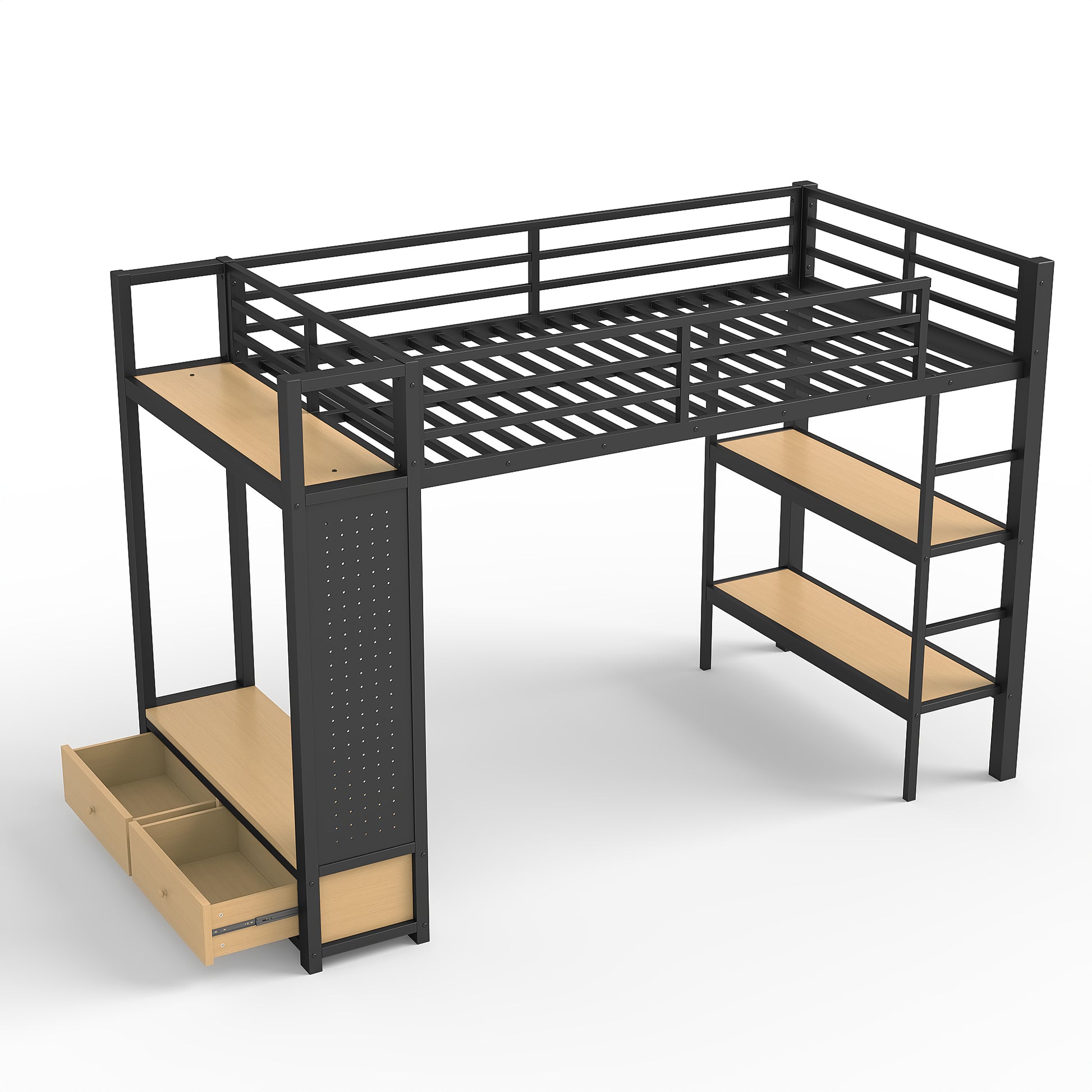 Twin XL size Loft Bed Frame with Wardrobe,Metal Loft Bed with Storage Shelves and Pegboard,Black image 7