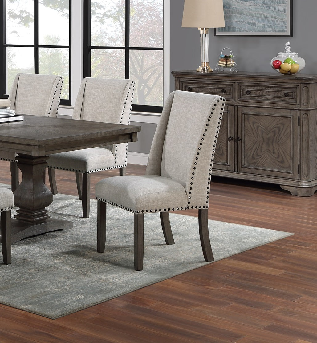 Traditional Formal 2pc Side Chairs Upholstered Wingback Design Oak Finish Dining Room Furniture Nailhead Trims Dining Chairs image 2