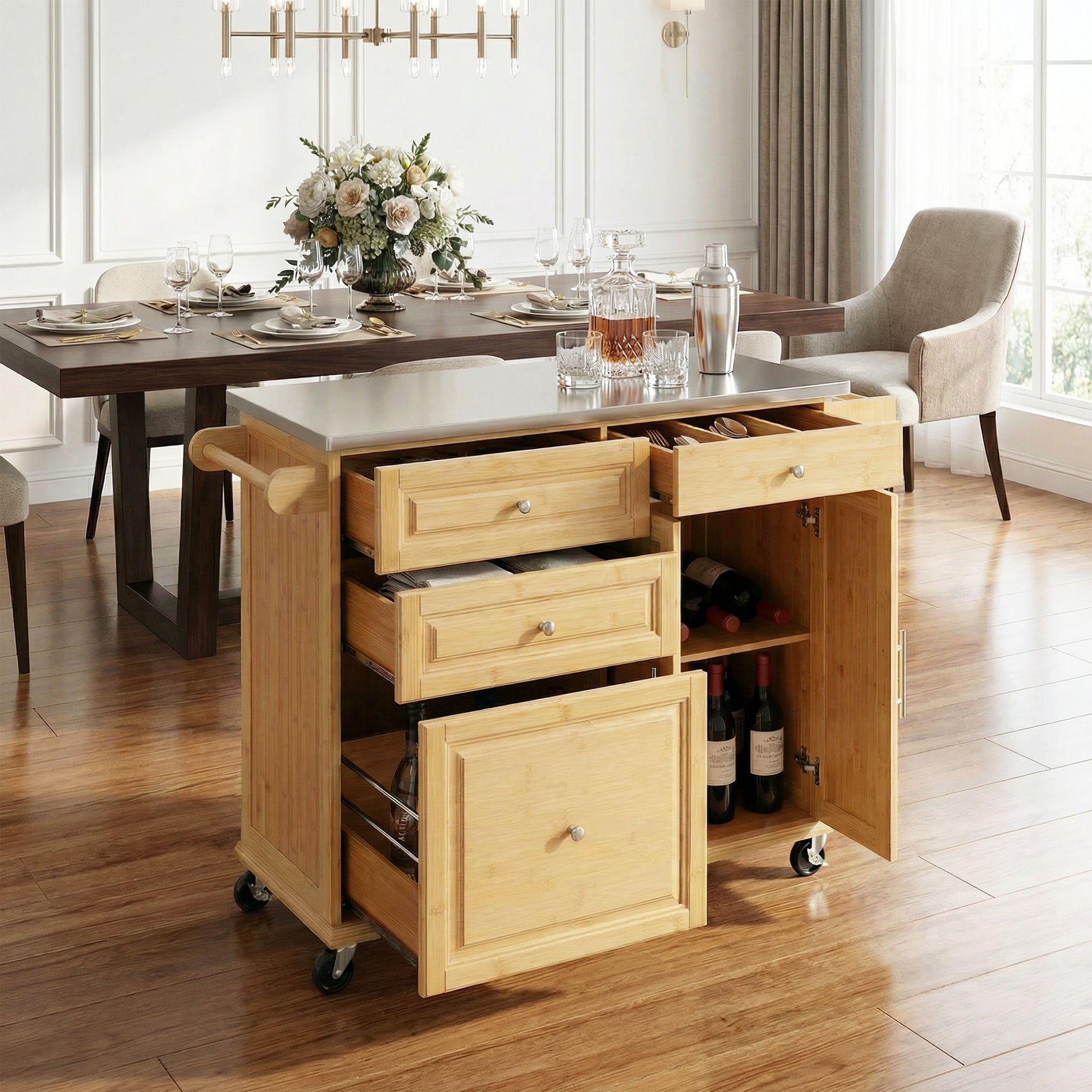 Indoor Bamboo Rolling Kitchen Island with Stainless Steel Top – Mobile Cart with Drawers, Cabinet & Towel Rack for Dining & Bar image 4