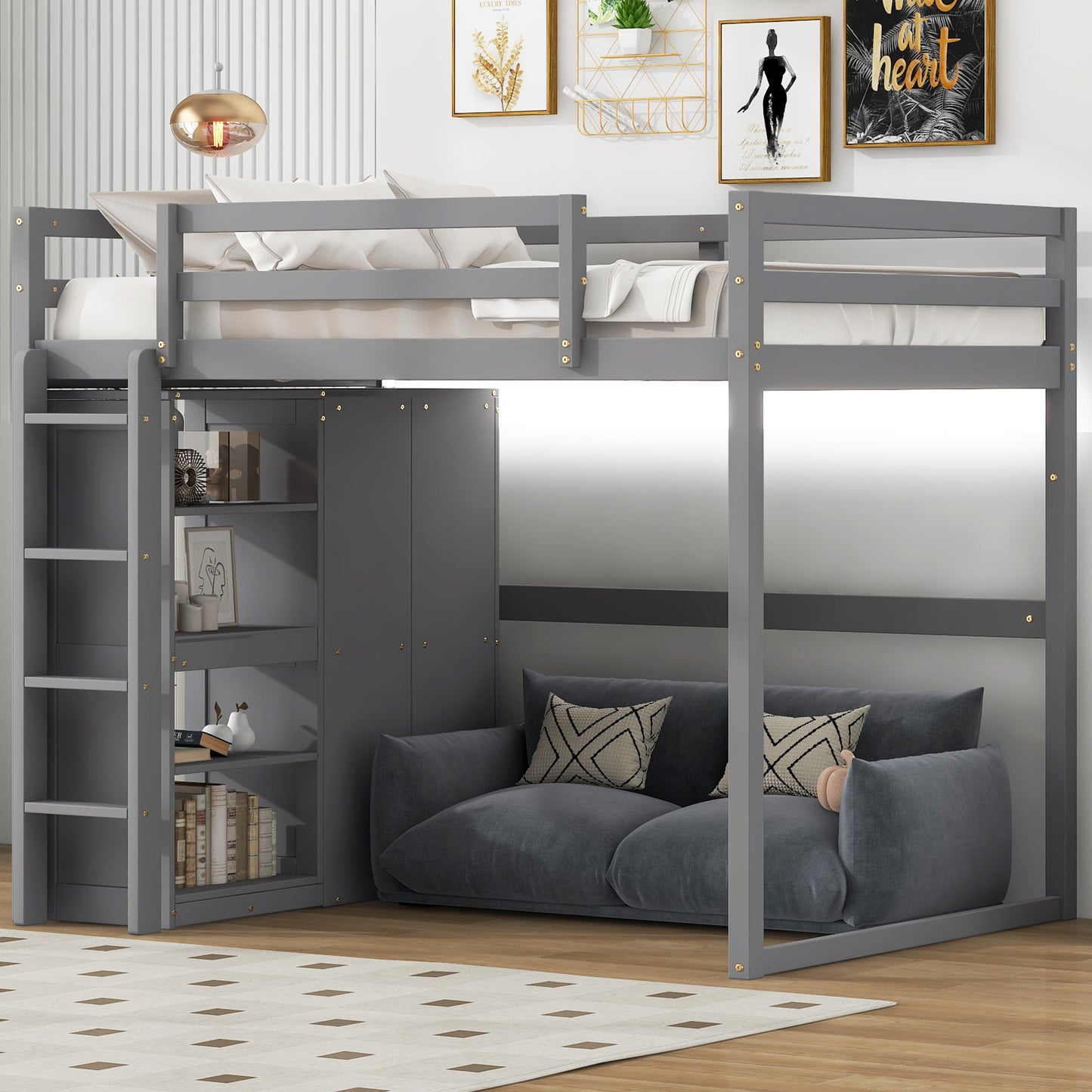 Wood Full Size Loft Bed with Built-in Wardrobe and Storage Shelves, Led light, Gray image 1