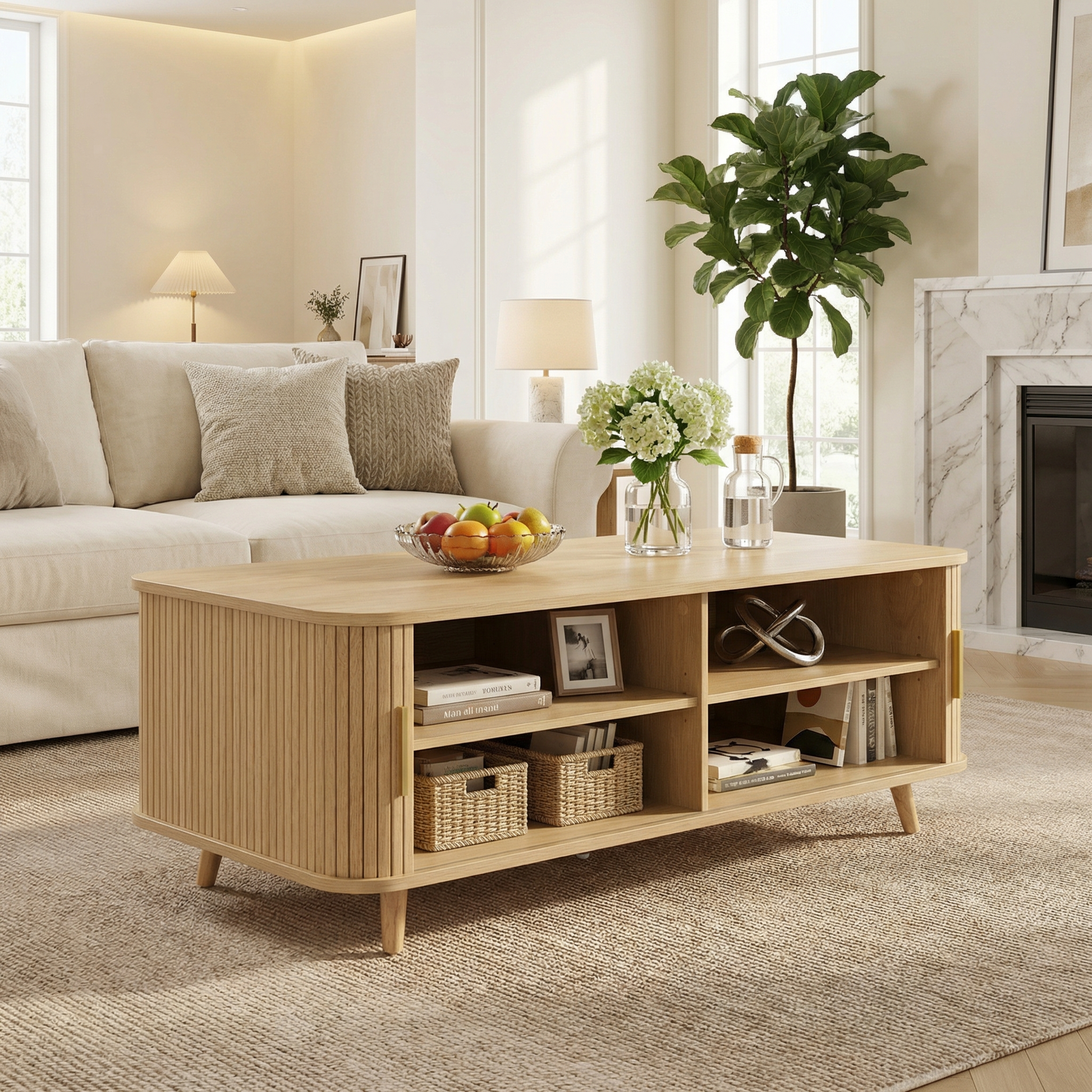 Modern Mid-Century Coffee Table with Storage: Natural Wood Finish, 4 Open Shelves & 2 Doors, For Living Room, Entertainment Center, Home Theater image 1