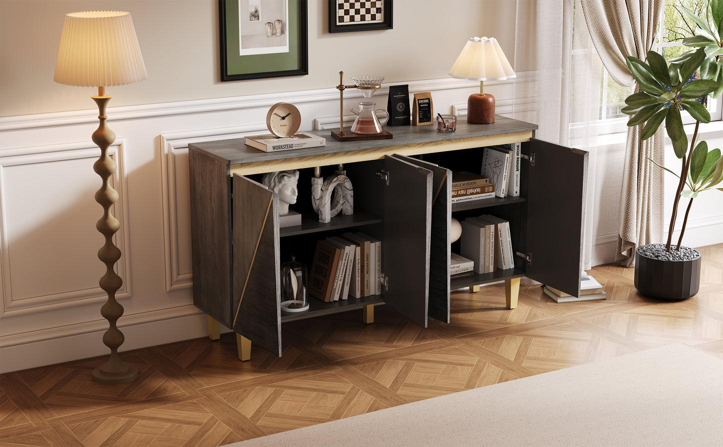 TREXM 4 door sideboard cabinet in living room setting with decorative items