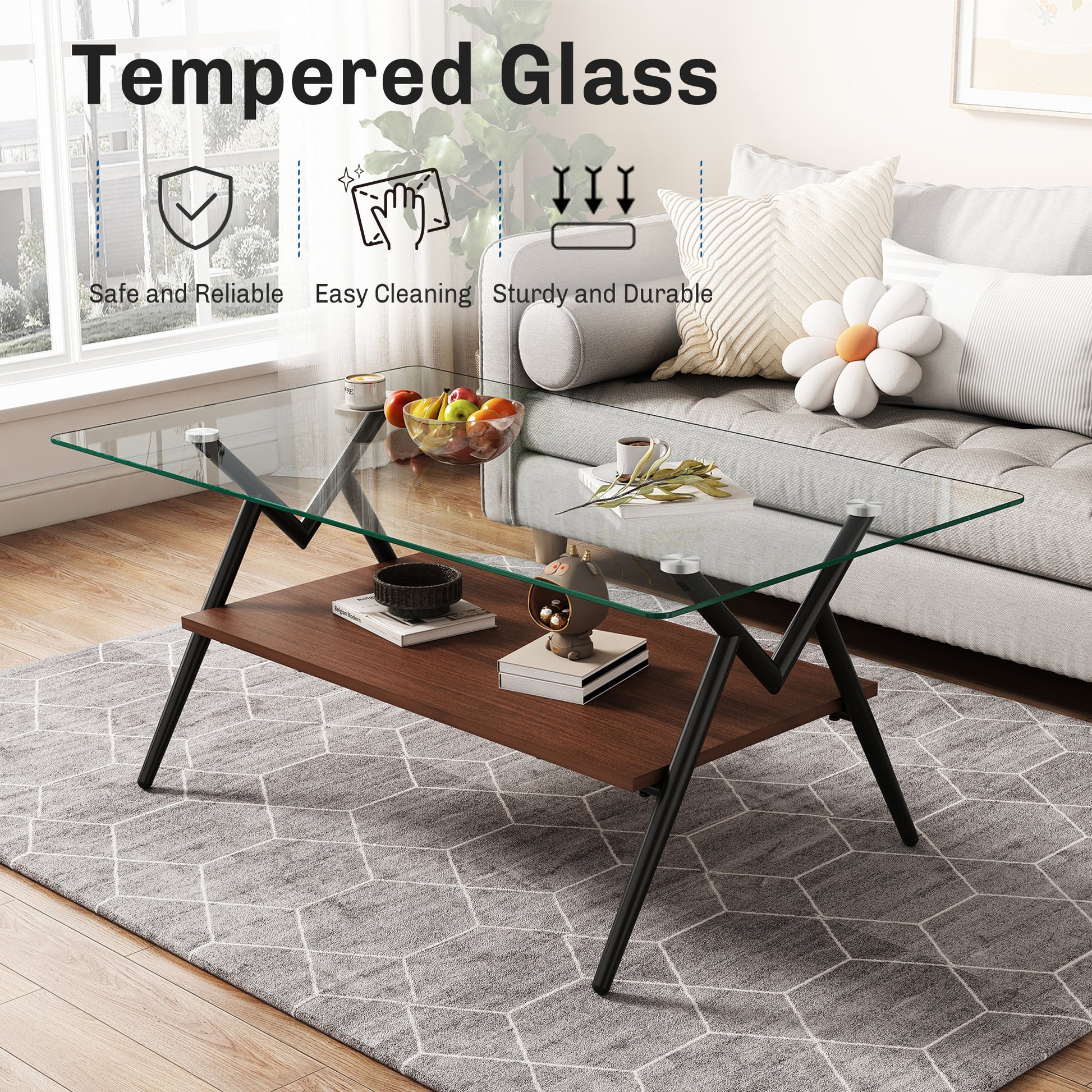 Rectangle Coffee Table with Tempered Glass top and Black Metal Legs, Modern Table for Living Room, Transparent Glass image 3