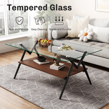 Rectangle Coffee Table with Tempered Glass top and Black Metal Legs, Modern Table for Living Room, Transparent Glass image 3