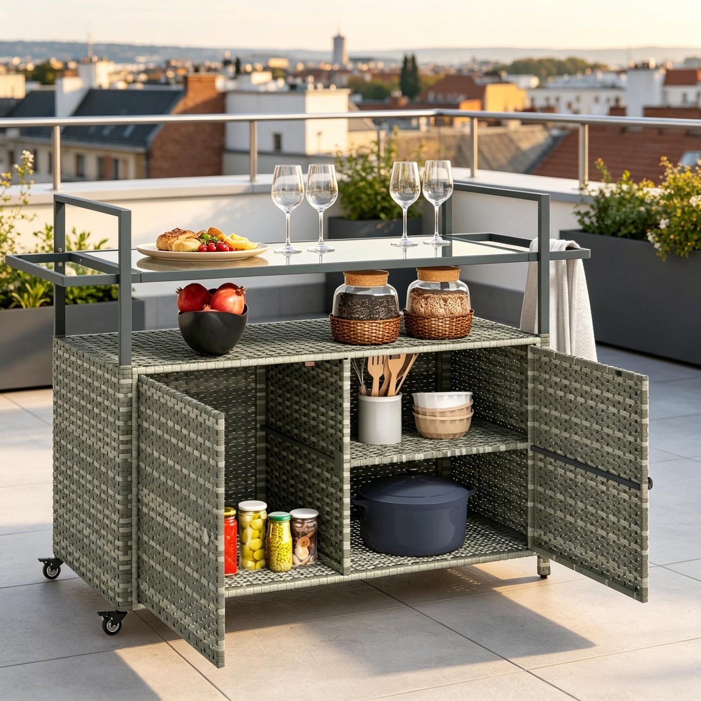 Mobile Bar Cart,Buffet Cabinet,Rattan Storage Cabinet,Outdoor Storage Table,Dining Room Storage Cart,Kitchen Island image 2