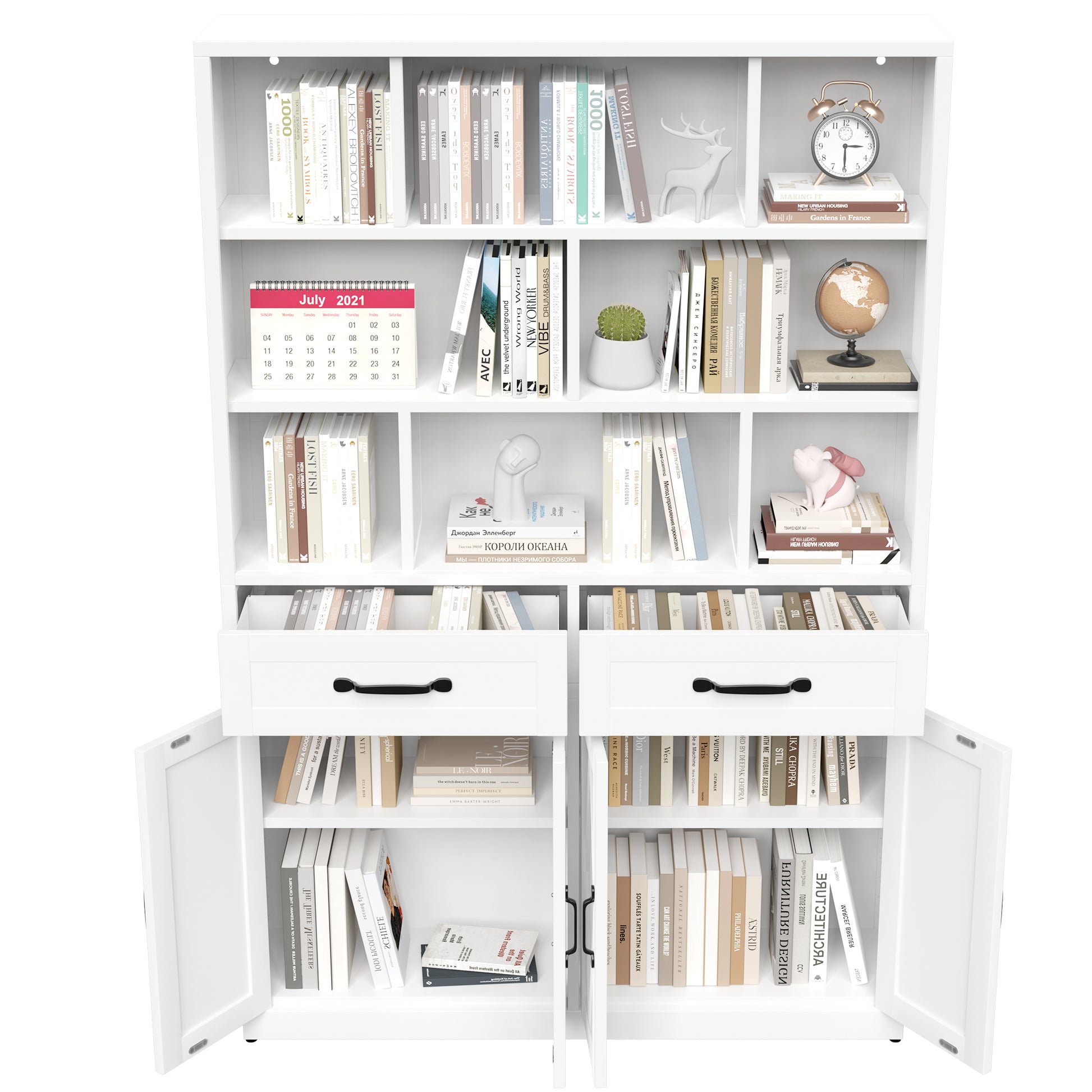 71" H Metal Bookcase with 2 Doors & 2 Drawers, Tall Storage Cabinet with Fixed Open Shelves for Home Office, Living Room, Modern Bookshelf, White image 12