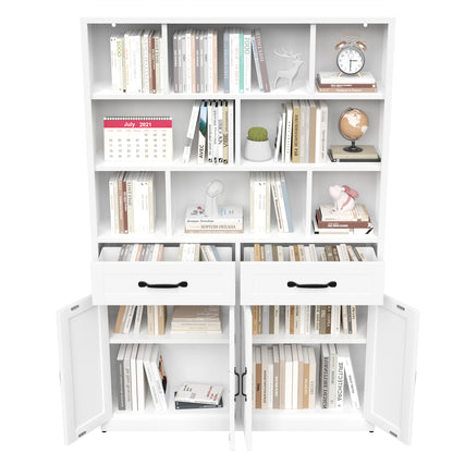 71" H Metal Bookcase with 2 Doors & 2 Drawers, Tall Storage Cabinet with Fixed Open Shelves for Home Office, Living Room, Modern Bookshelf, White image 12