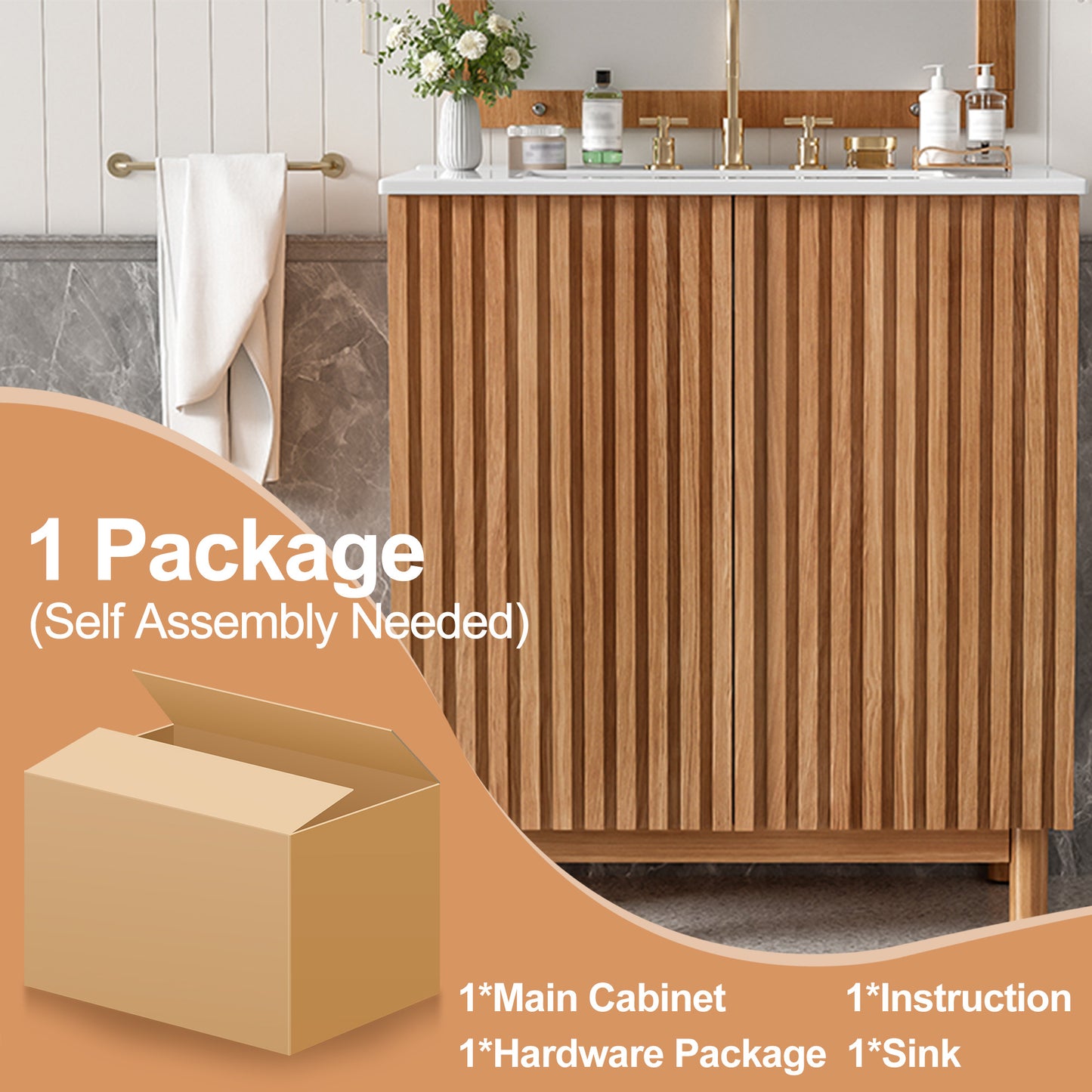 29.9-inch Traditional Bathroom Vanity with Ceramic Sink, Solid Wood Legs, MDF U-Shaped Adjustable Shelf, Soft-Close Doors, and Space-Saving Storage image 8