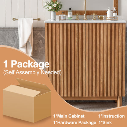 29.9-inch Traditional Bathroom Vanity with Ceramic Sink, Solid Wood Legs, MDF U-Shaped Adjustable Shelf, Soft-Close Doors, and Space-Saving Storage image 8