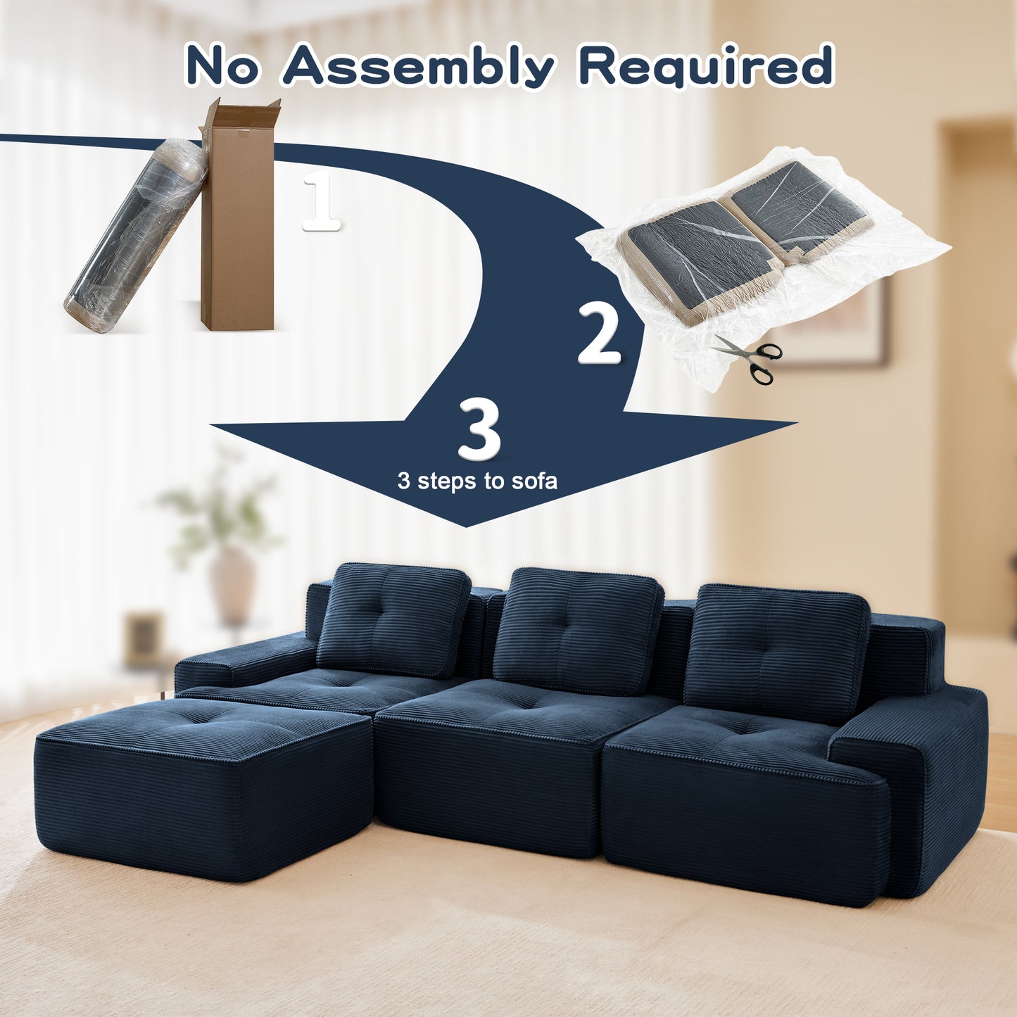 117" Modern L-Shaped Modular Sectional Sofa for Living Room, Corduroy Fabric,3-Seater Couch with Deep Seat and Movable Ottoman,Pearl-like piping, Tufted Design,No Assembly, Anti-slip Design​, Blue image 5