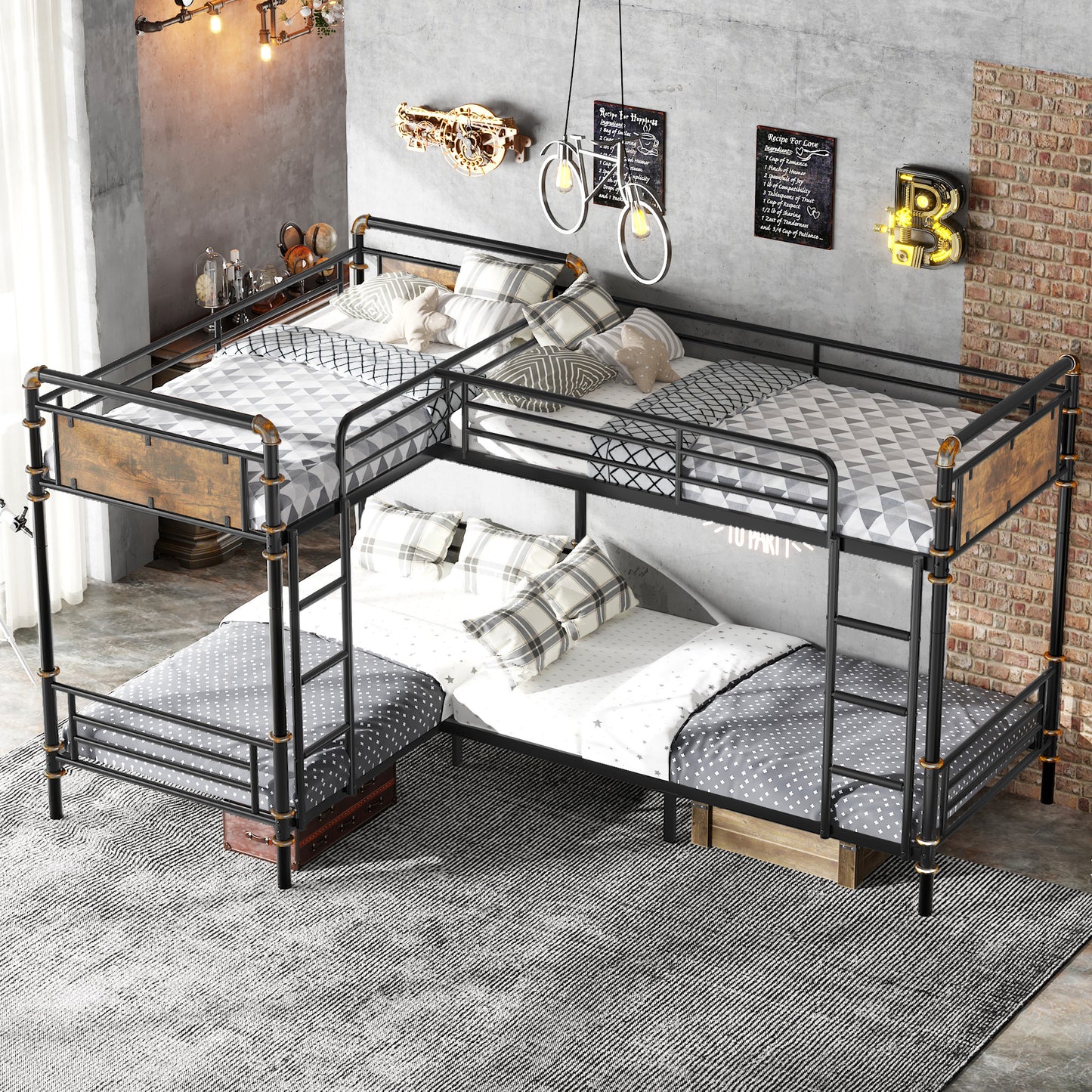 Quad Bunk Bed for 4 Kids, Heavy Duty Metal Twin Bunk Bed Frame, Detachable Triple Bunk Bed, Can Be Divided Into 3 Twin Beds, Black(Old SKU W2580S00020) image 2
