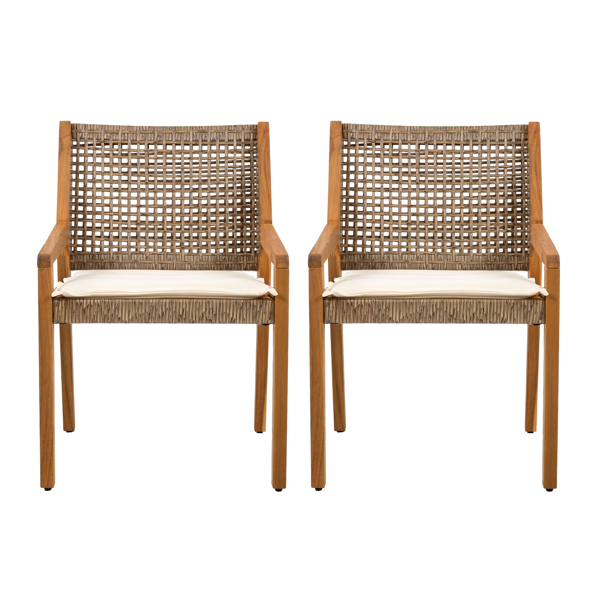 OUTDOOR DINING CHAIR SET-Acacia Wood and Wicker with Cream Cushion Patio Furniture-Teak finish & wicke Brown,Suitable for large gatherings-set of 4(N770P272397G(2-box)) image 5