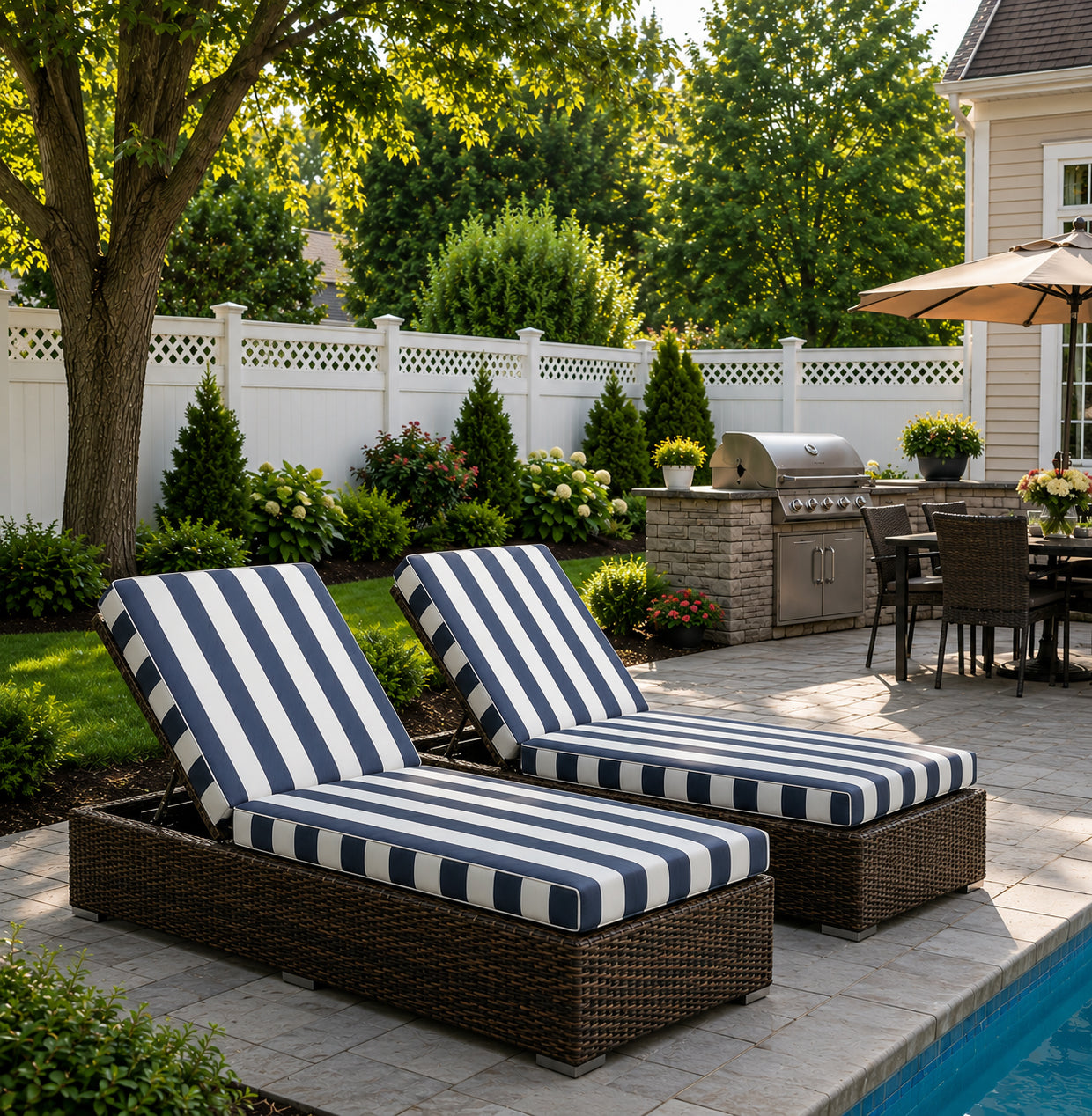 Outdoor Chaise Lounge Cushions Set of 2, 75"x24"x4" Patio Lounge Chair Cushions with Removable Covers, Waterproof Replacement Cushions for Outdoor Furniture, Poolside, Lawn-NavyBlue/White Striped image 8